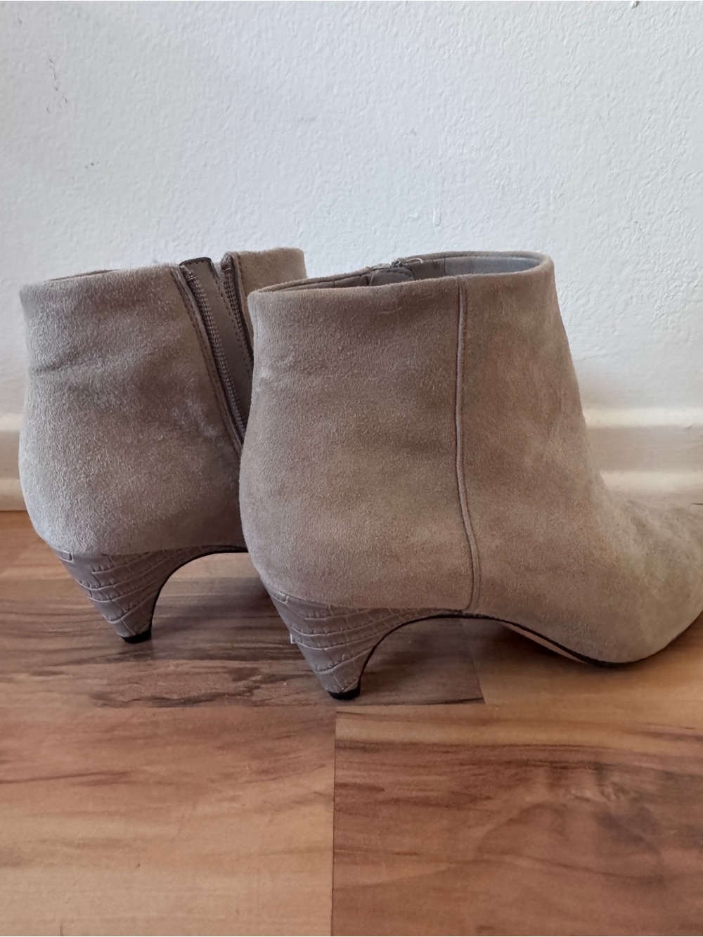Sam Edelman Taupe Suede Ankle Booties with Low Stacked Heel